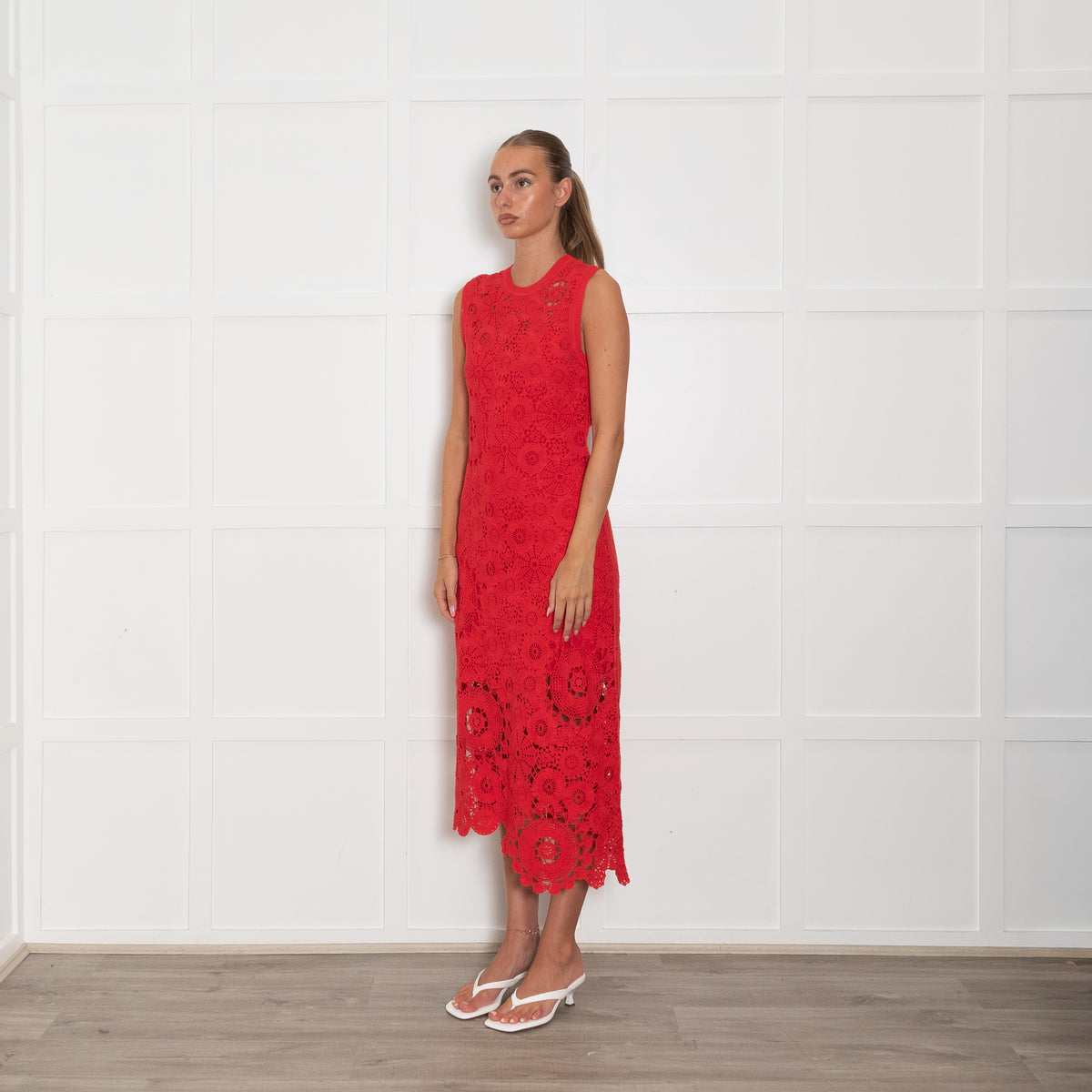 Me + Em Red Crochet Midi Dress with Slip