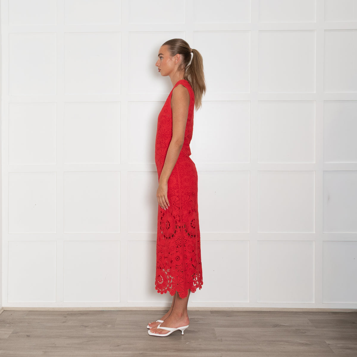 Me + Em Red Crochet Midi Dress with Slip