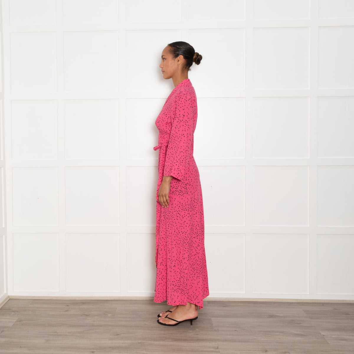 Ganni Pink With Black Print Barra Wrap Dress