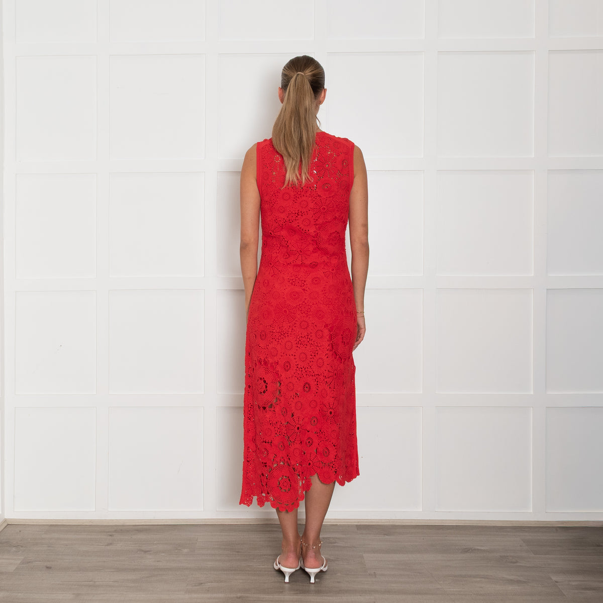 Me + Em Red Crochet Midi Dress with Slip