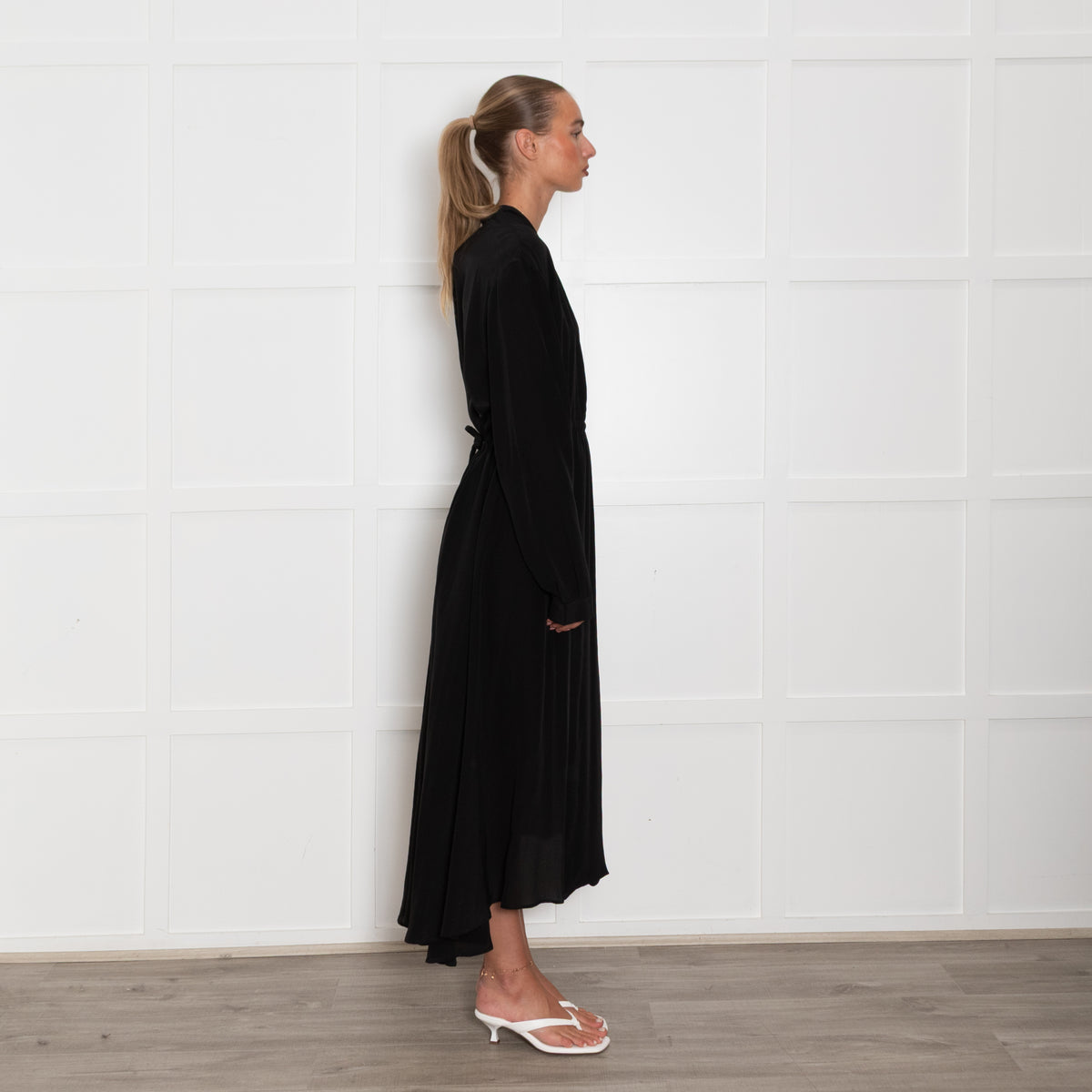 Raey Black Silk Long Sleeve Wrap Maxi Dress