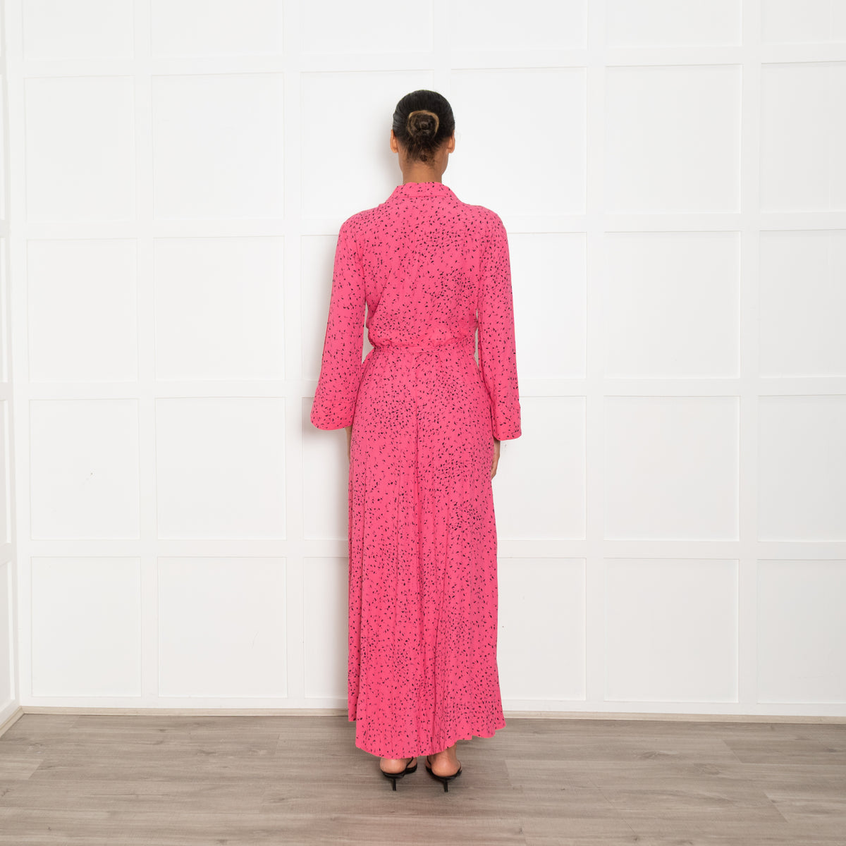 Ganni Pink With Black Print Barra Wrap Dress