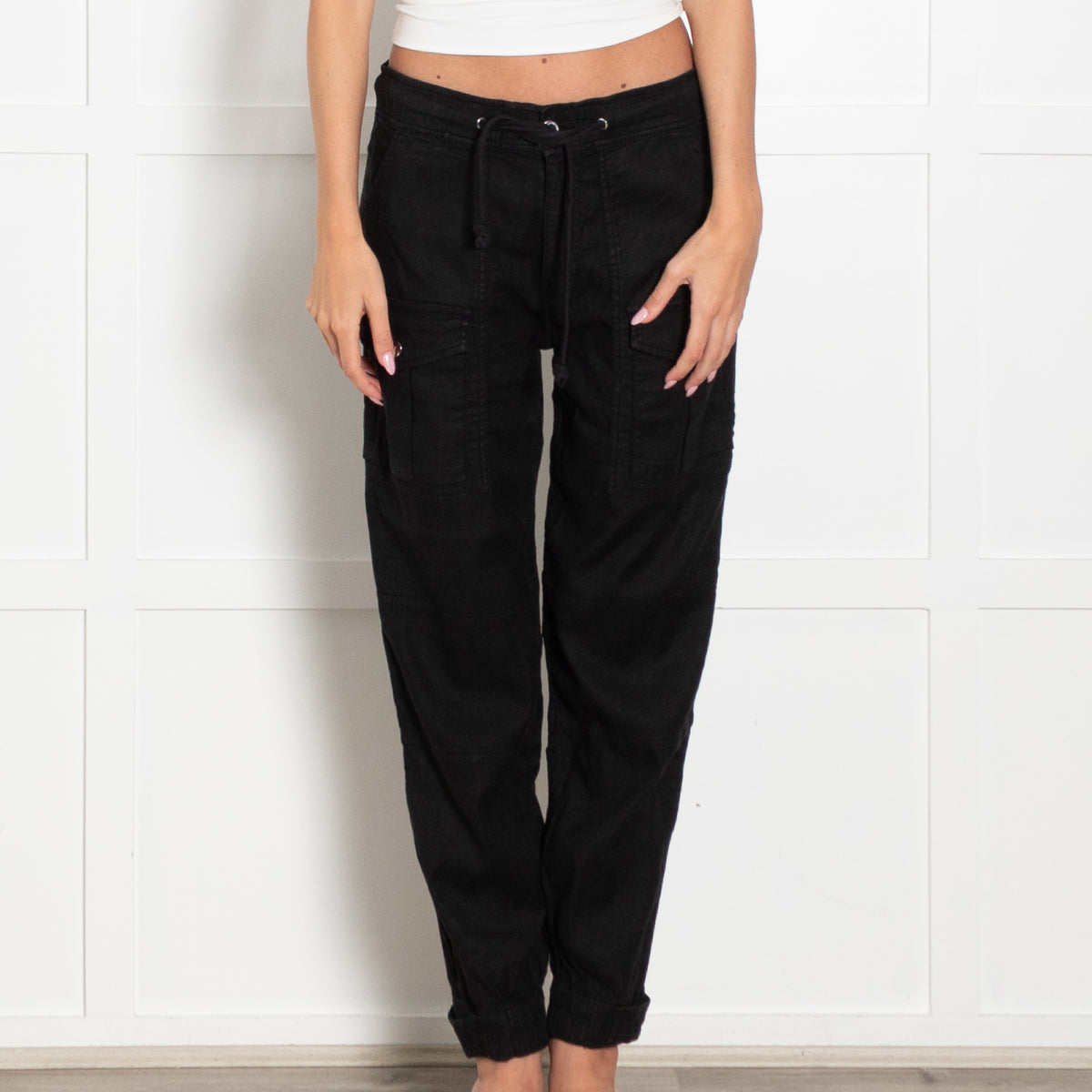 The Kooples Black Linen Cargo Drawstring Trousers