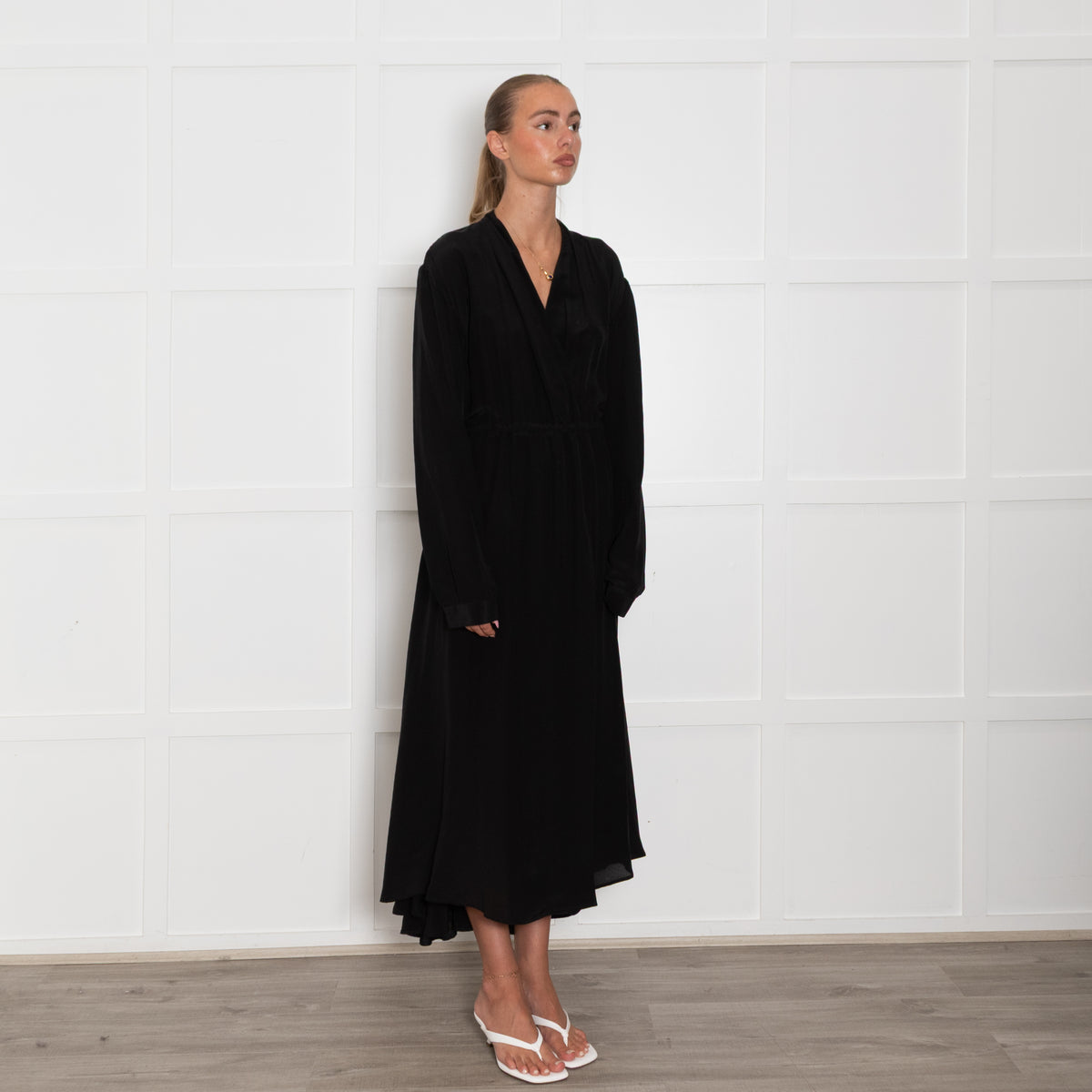 Raey Black Silk Long Sleeve Wrap Maxi Dress