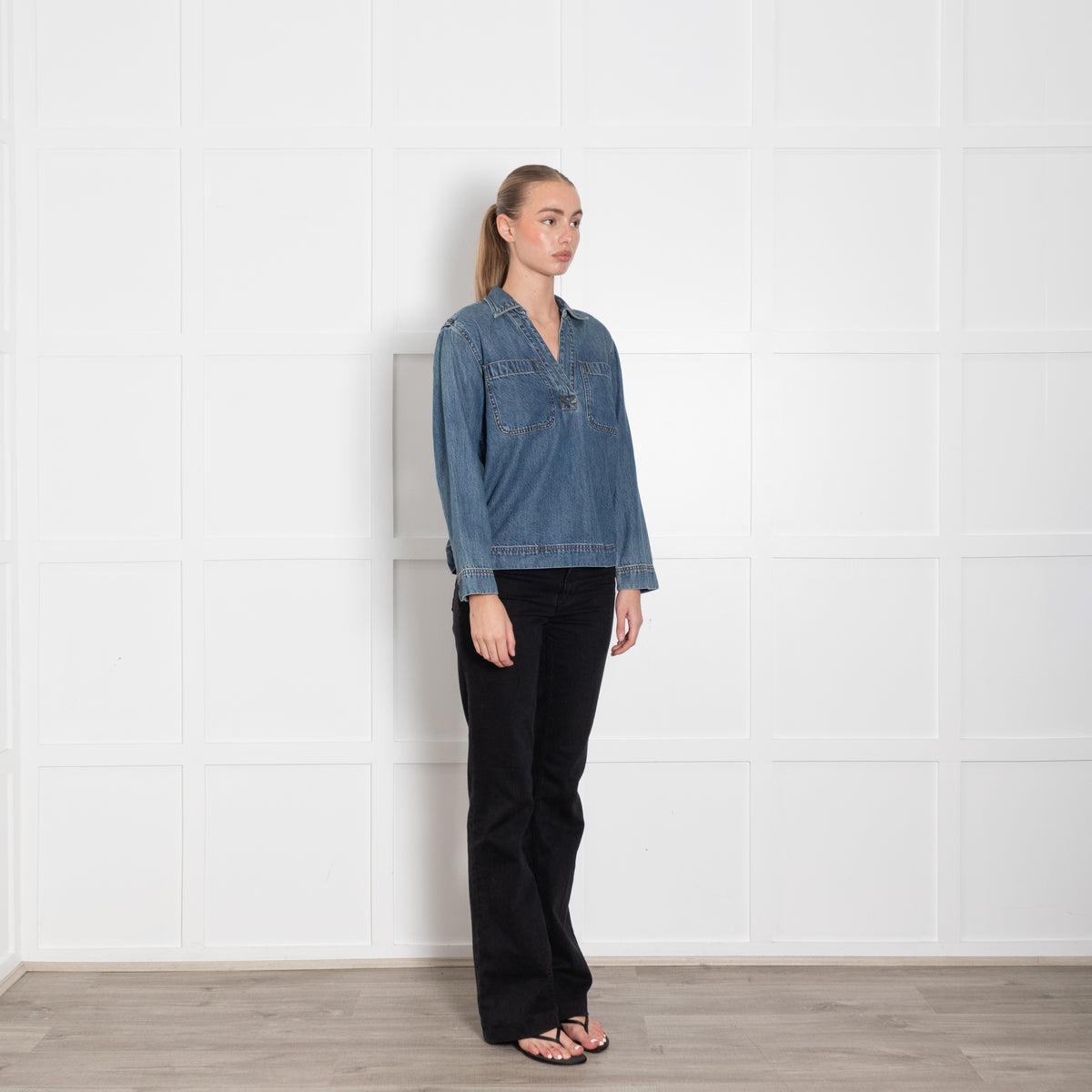 Madewell Blue Denim Front Pocket Long Sleeve Top