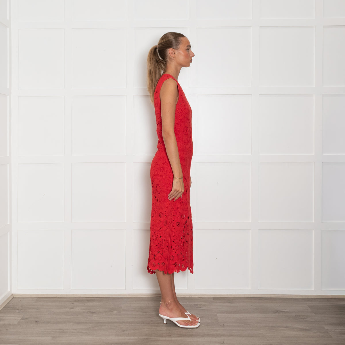Me + Em Red Crochet Midi Dress with Slip