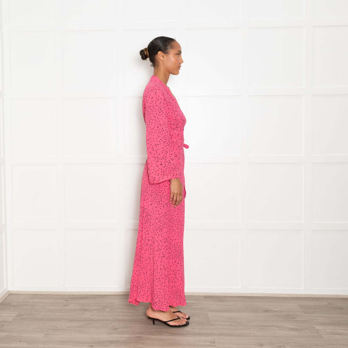 Ganni Pink With Black Print Barra Wrap Dress