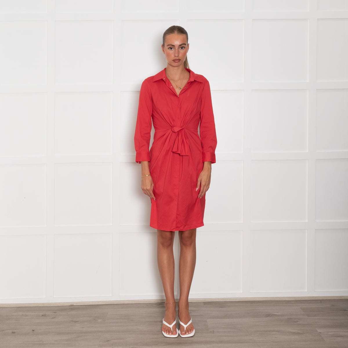 Paul Ka Red Cotton Blend Front Tie Shirt Dress