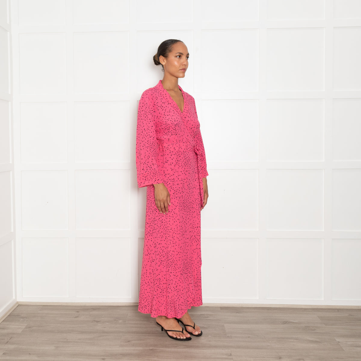 Ganni Pink With Black Print Barra Wrap Dress