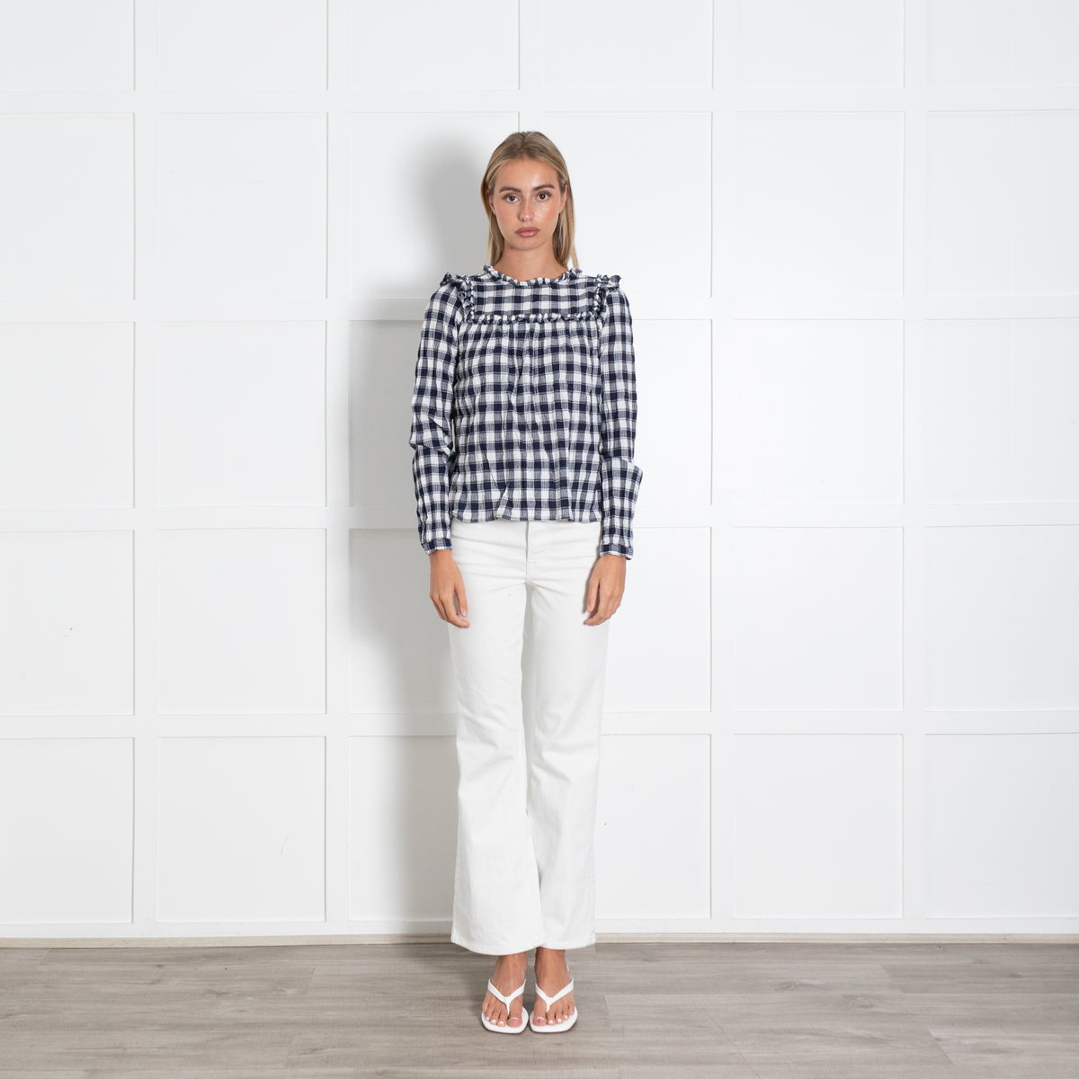 By Iris Navy White Checked Ruffle Trim Blouse