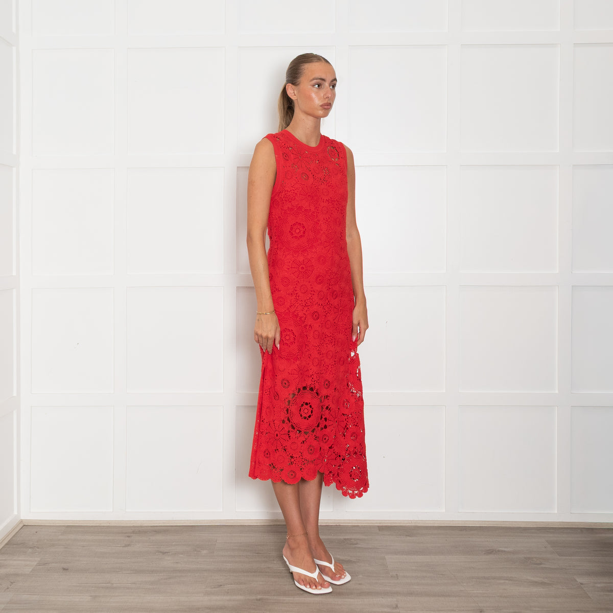 Me + Em Red Crochet Midi Dress with Slip