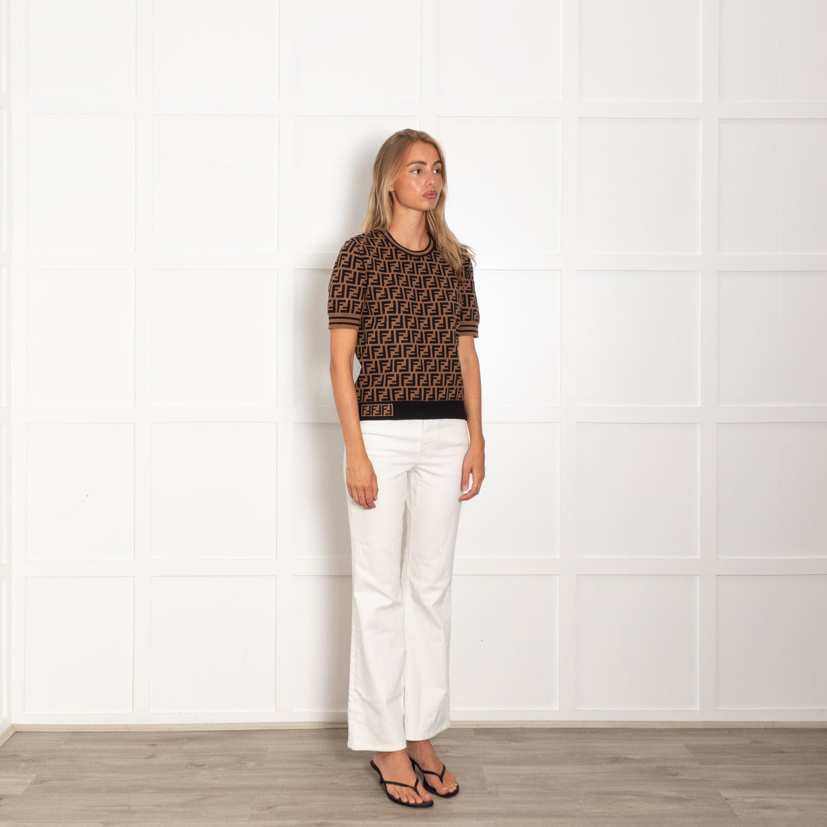 Fendi Brown Black FF Logo Short Sleeve Knit Top