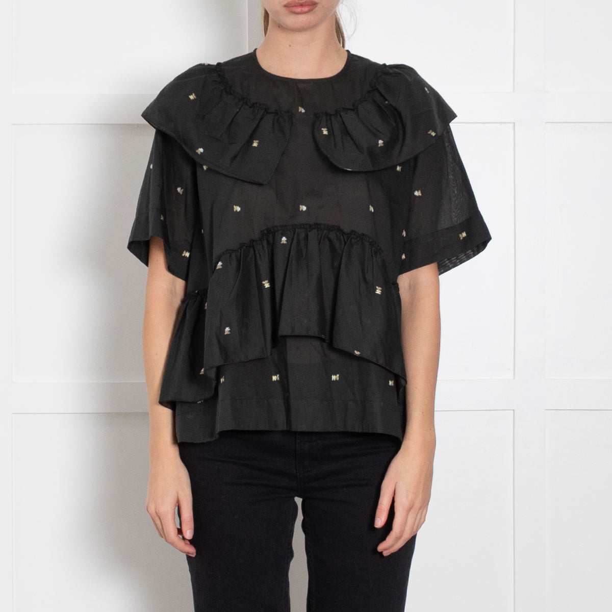 Aiayu Dark Green Embroidered  Frill Trim Cotton Short Sleeve Top