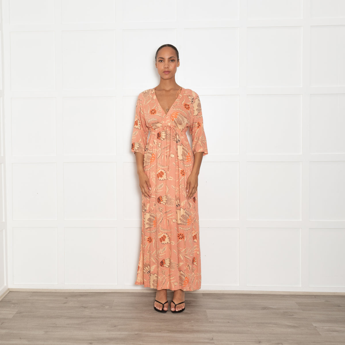 Second Female Pale Orange Patterned  V Neck Dress With Tie Front