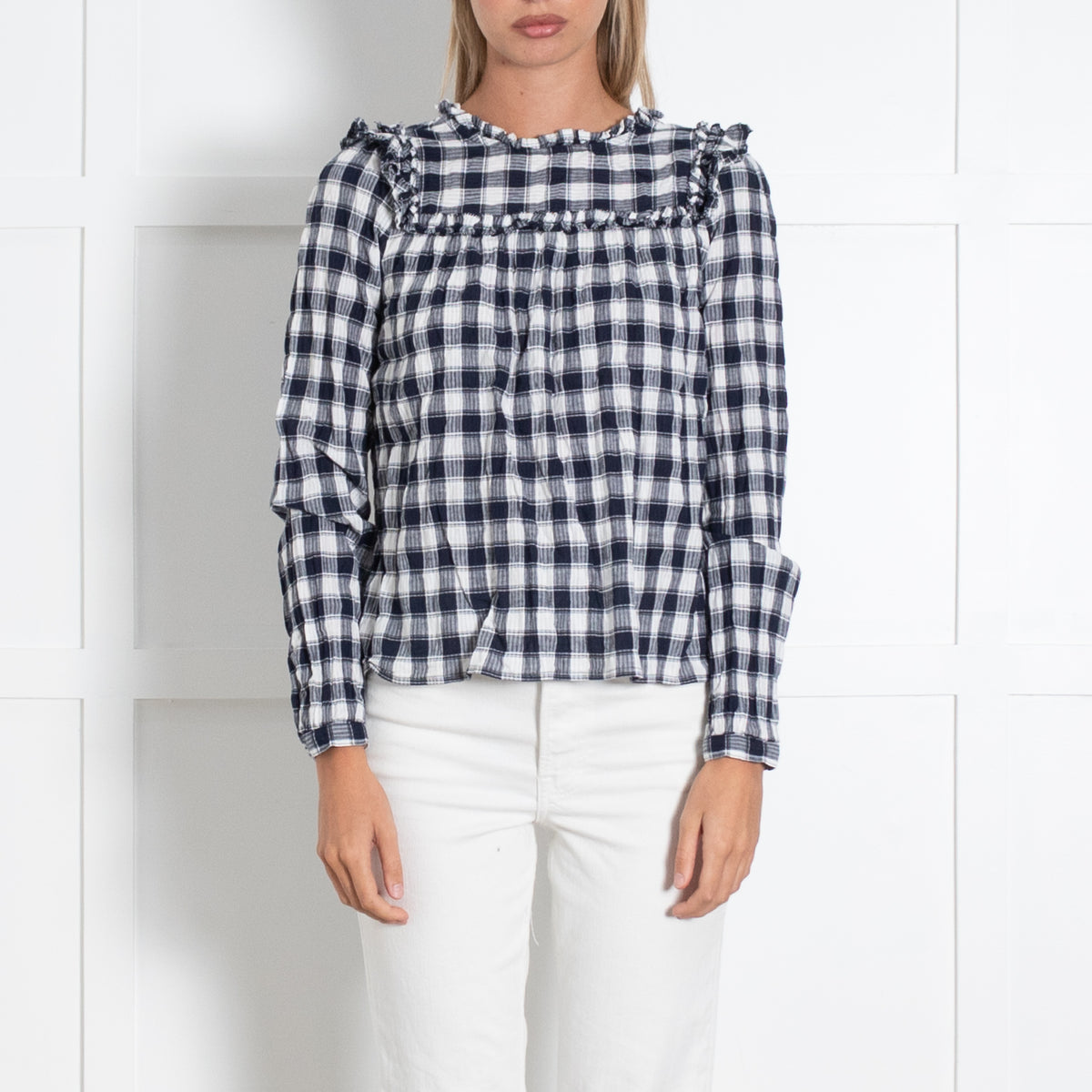 By Iris Navy White Checked Ruffle Trim Blouse