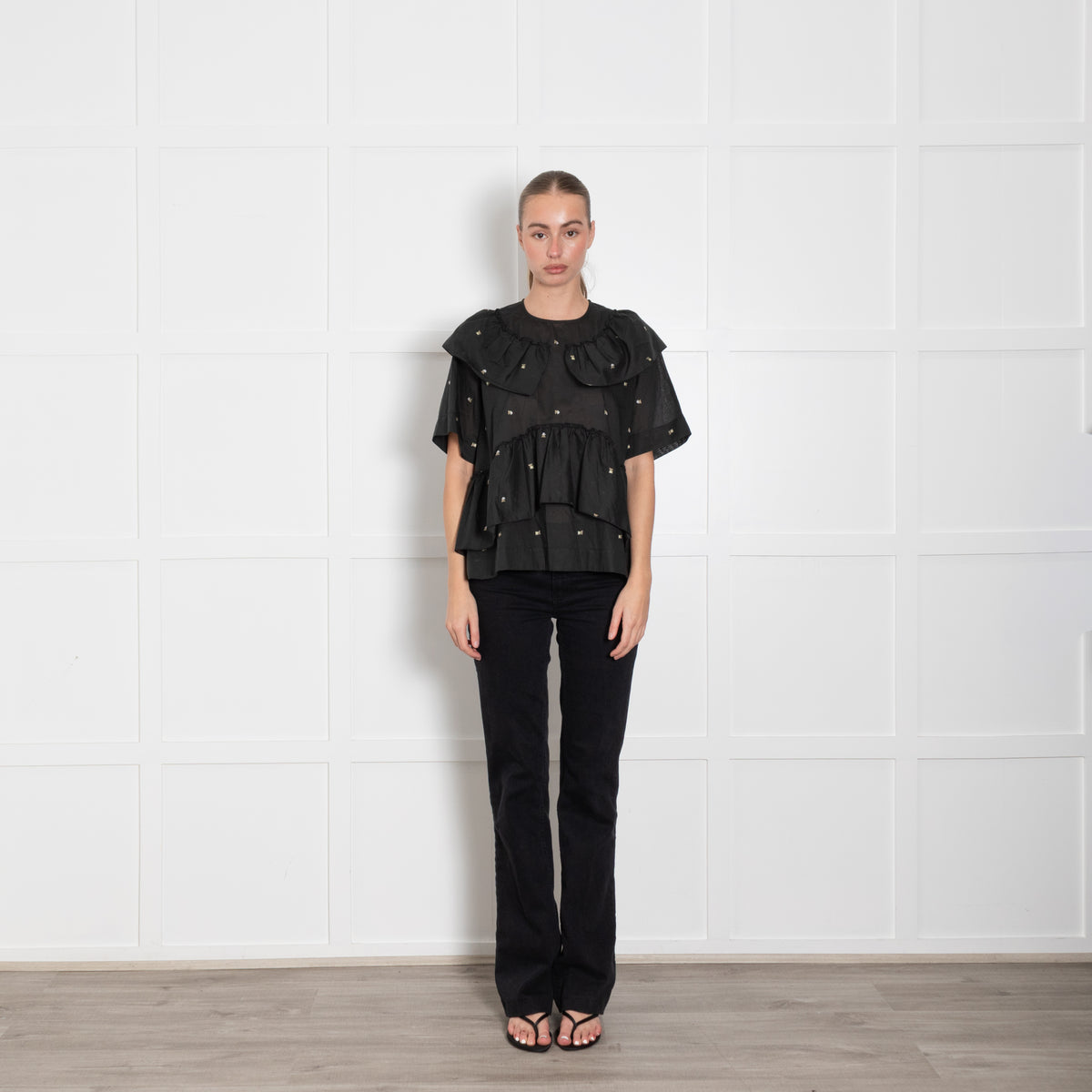 Aiayu Dark Green Embroidered  Frill Trim Cotton Short Sleeve Top