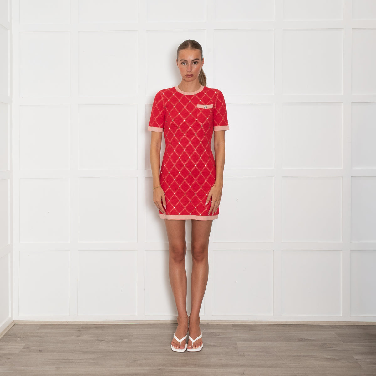 Sandro Red and Pink Jacquard Knit Mini Dress with Crystal Details