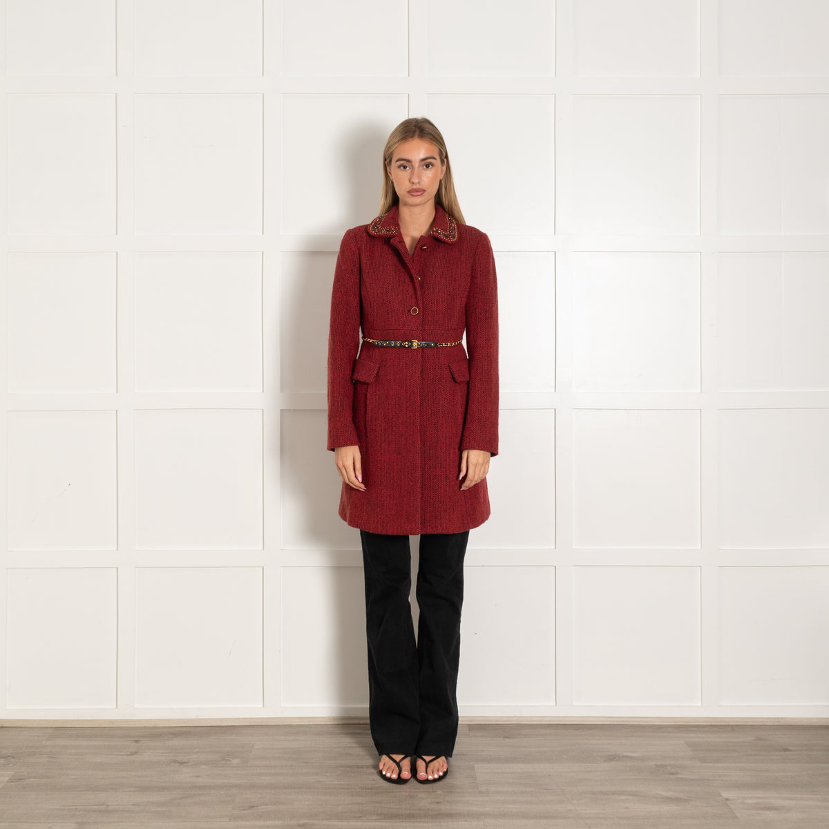 Miu Miu Red Tweed Embellished Collar Belted Coat