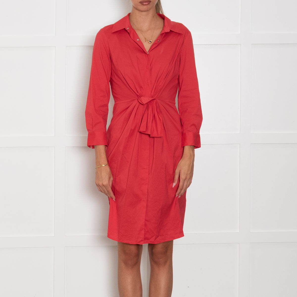 Paul Ka Red Cotton Blend Front Tie Shirt Dress