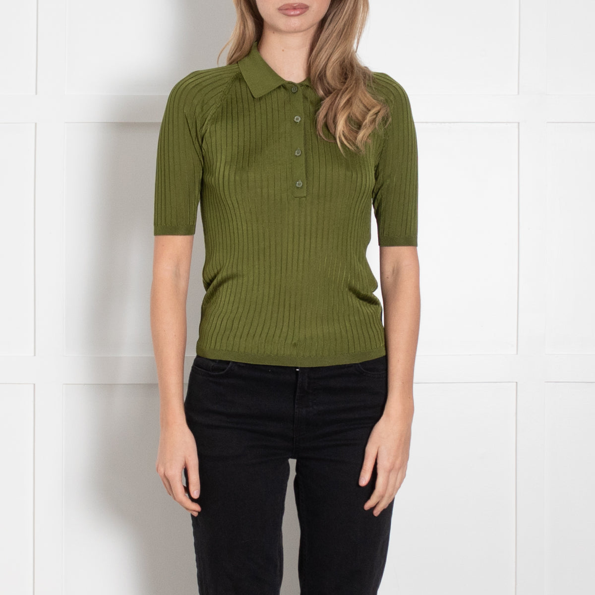 Acne Studios Green Ribbed Knit Short Sleeve Polo Top