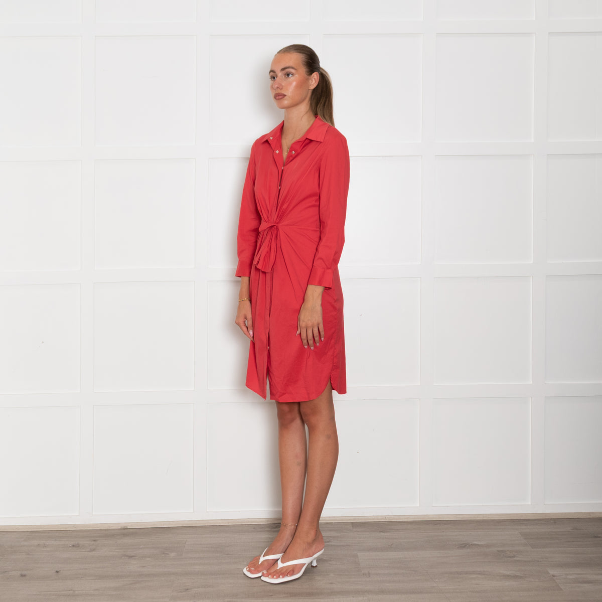 Paul Ka Red Cotton Blend Front Tie Shirt Dress