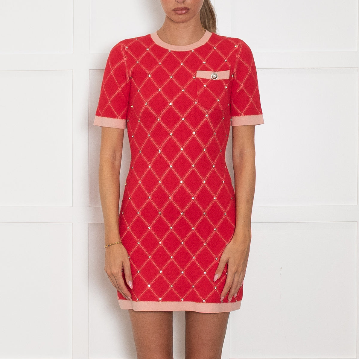 Sandro Red and Pink Jacquard Knit Mini Dress with Crystal Details
