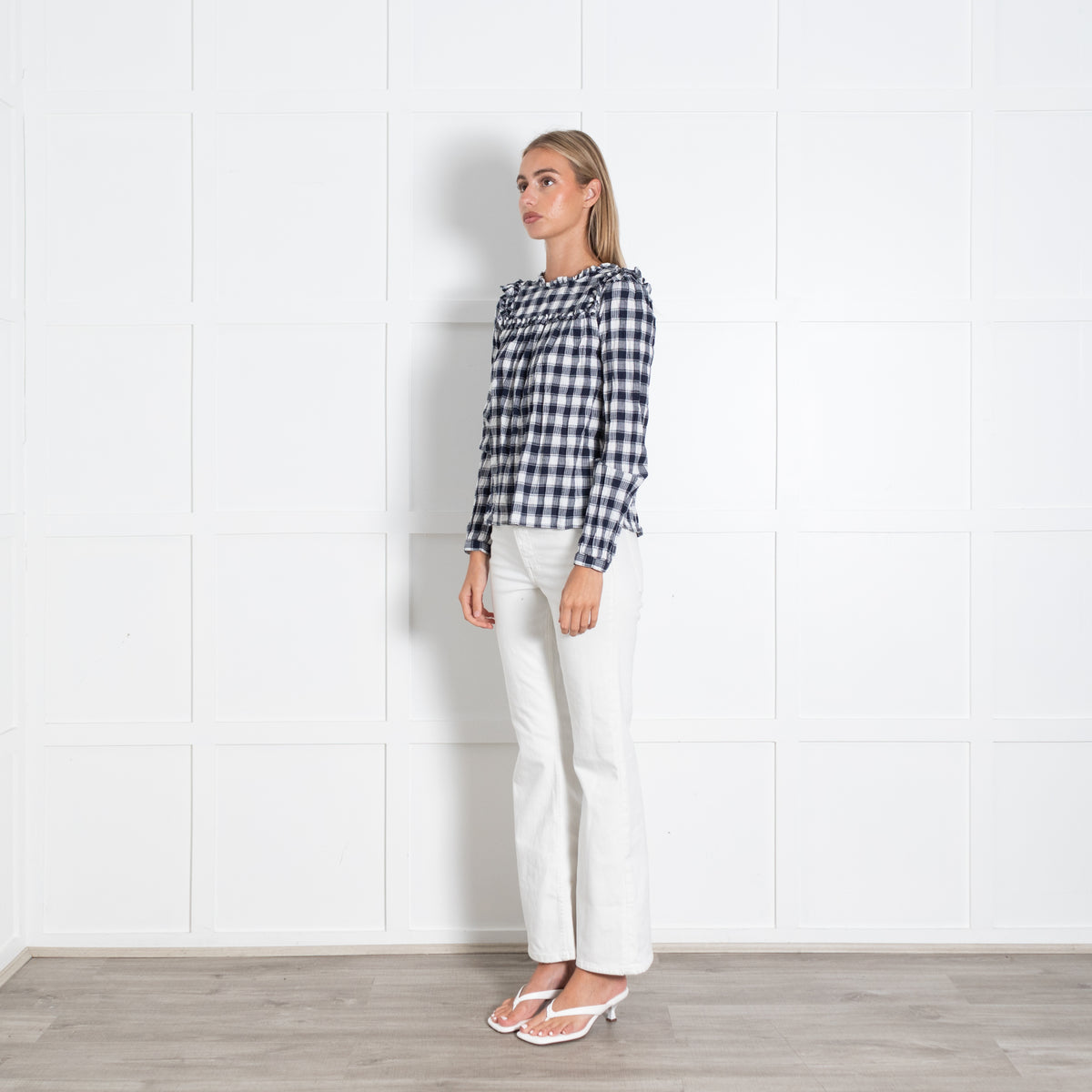By Iris Navy White Checked Ruffle Trim Blouse