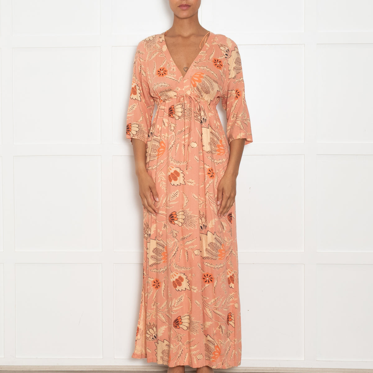 Second Female Pale Orange Patterned  V Neck Dress With Tie Front
