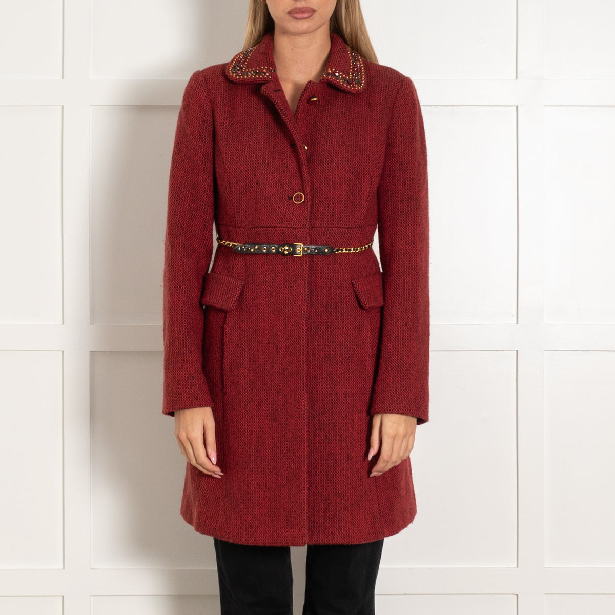Miu Miu Red Tweed Embellished Collar Belted Coat