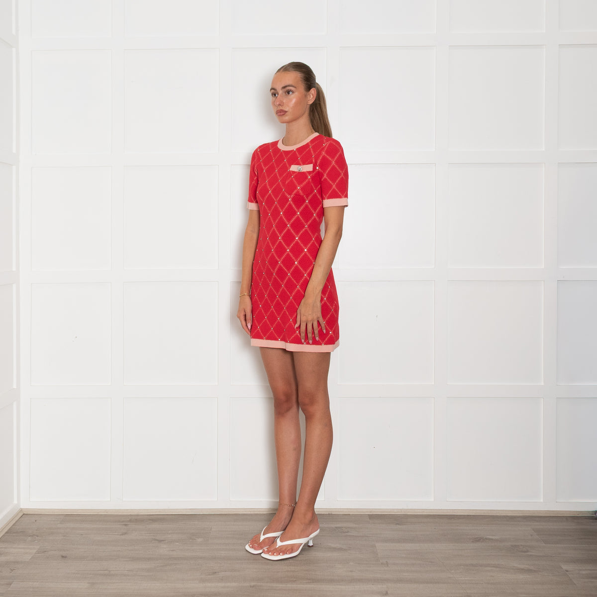 Sandro Red and Pink Jacquard Knit Mini Dress with Crystal Details
