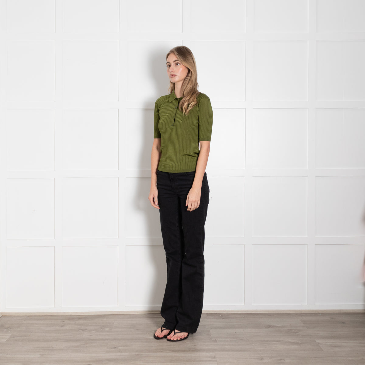 Acne Studios Green Ribbed Knit Short Sleeve Polo Top