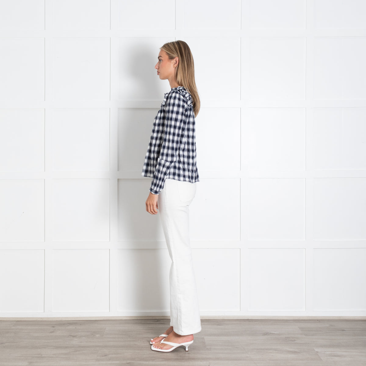 By Iris Navy White Checked Ruffle Trim Blouse