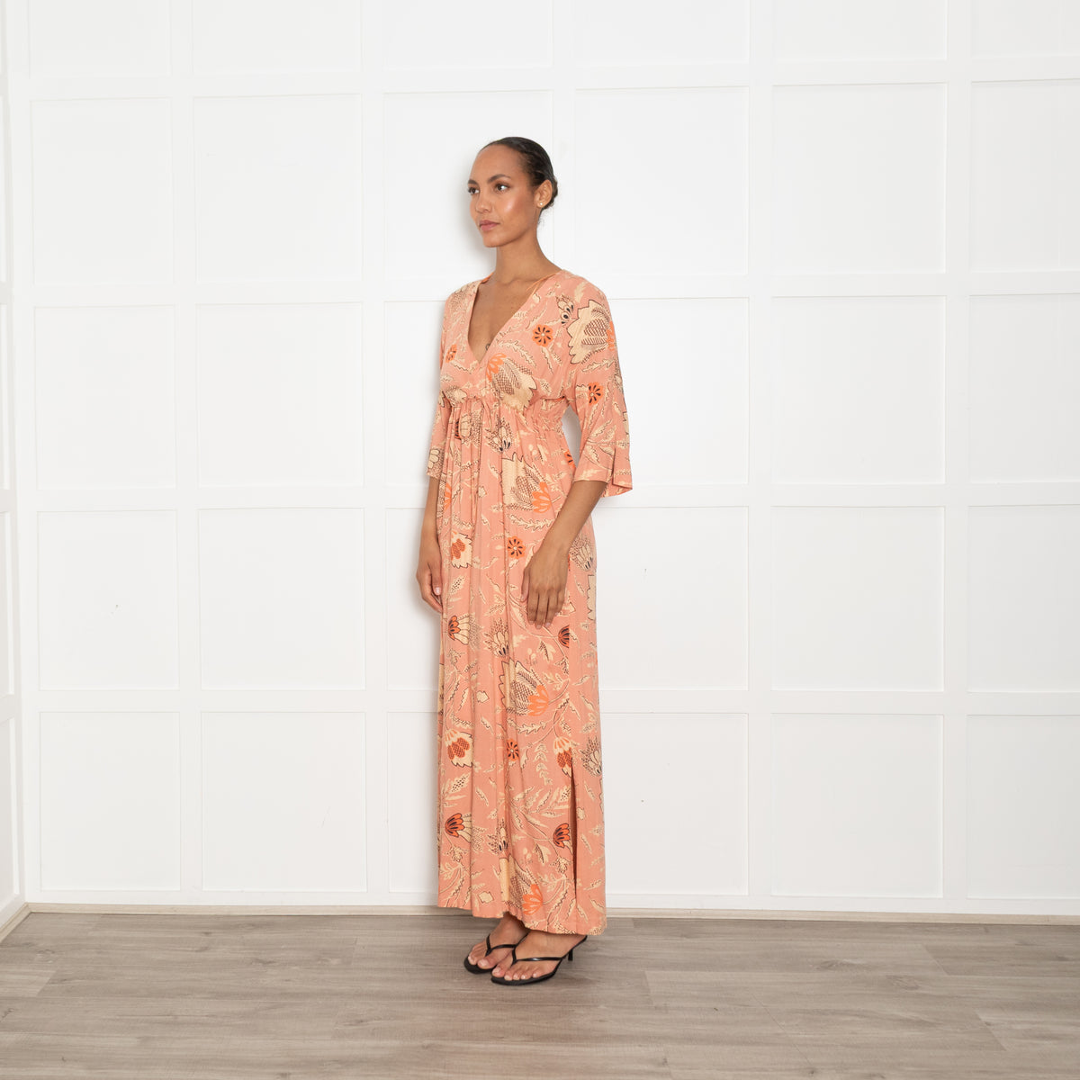 Second Female Pale Orange Patterned  V Neck Dress With Tie Front