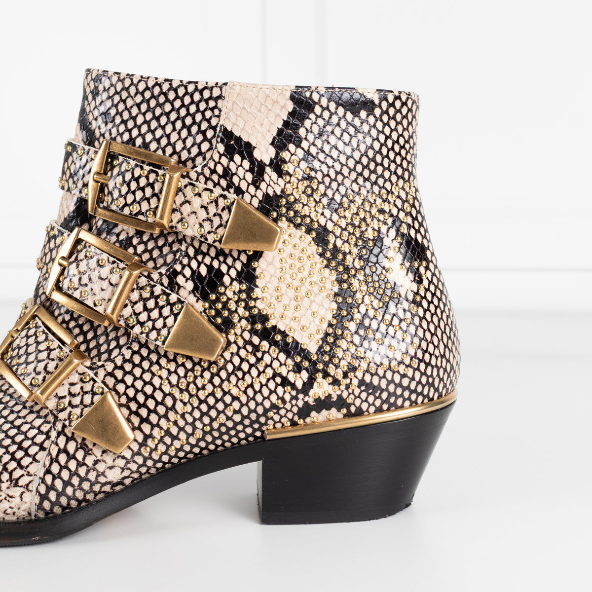 Chloe Beige Black Animal Print Leather Gold Stud Suzanna Ankle Boots