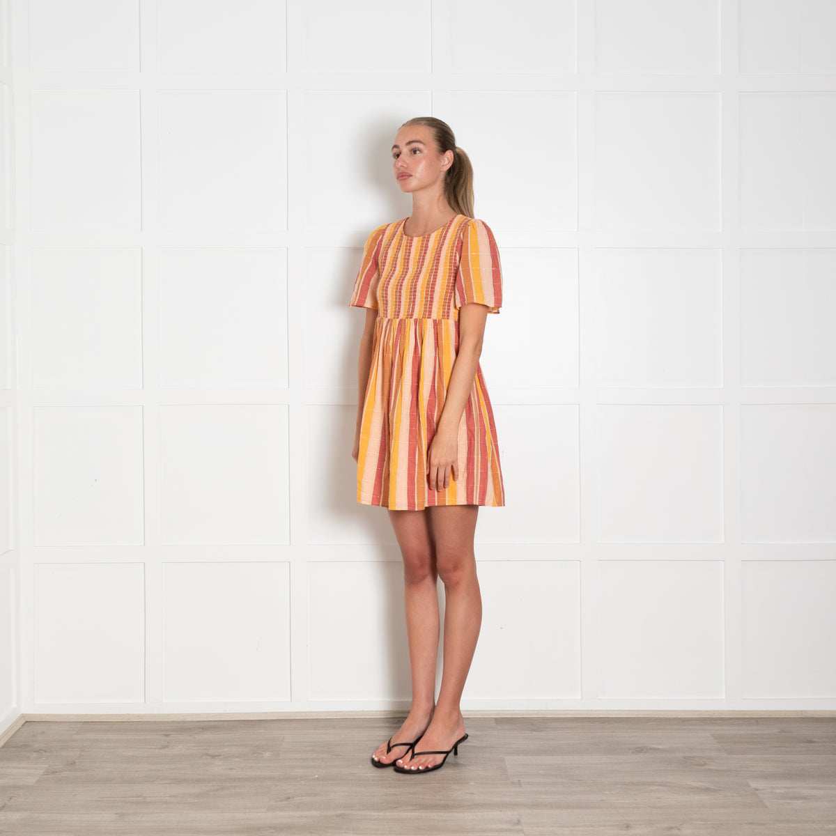 Sezane Yellow Brown Smocking Detail Short Sleeve Cotton Mini Dress