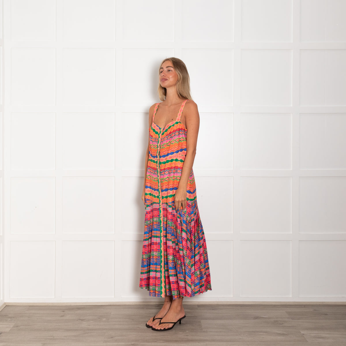 Saloni Multicolour Geometric Print Pleated Sleeveless Dress