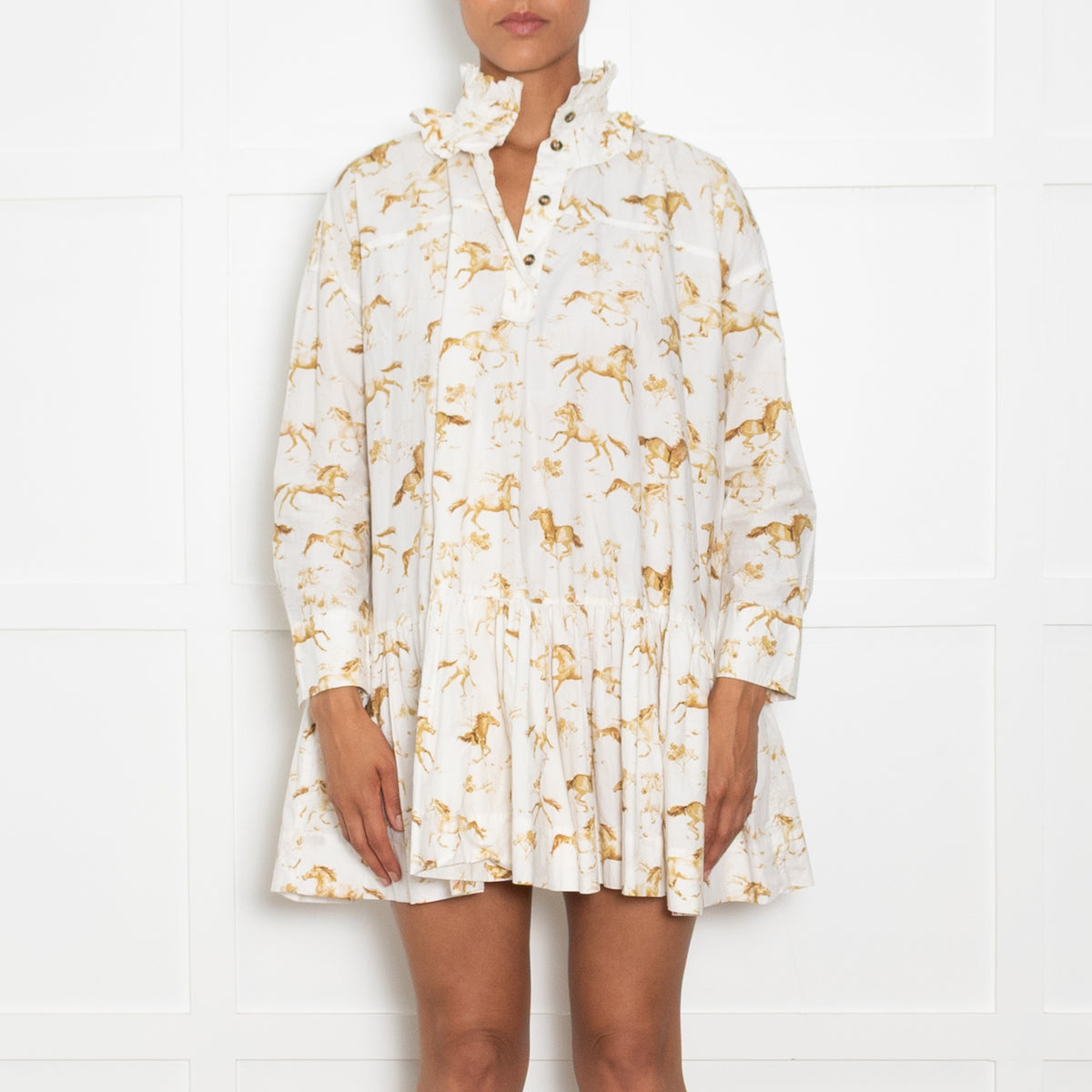 Ganni White Cotton Frilled Horse Print Mini Dress
