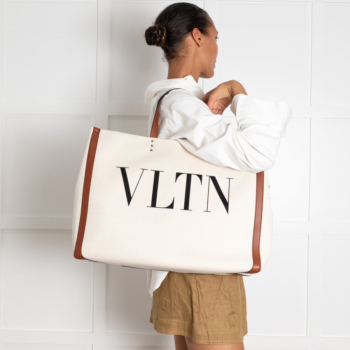 Valentino Off White Brown Canvas And Leather Large Rockstud VLTN Tote