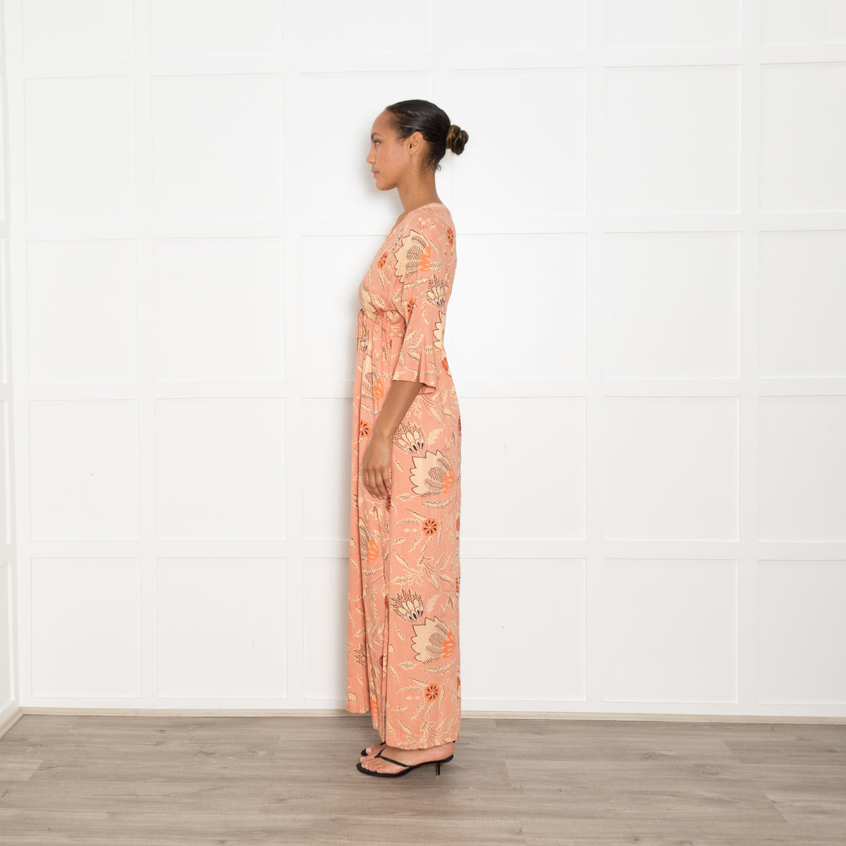 Second Female Pale Orange Patterned  V Neck Dress With Tie Front