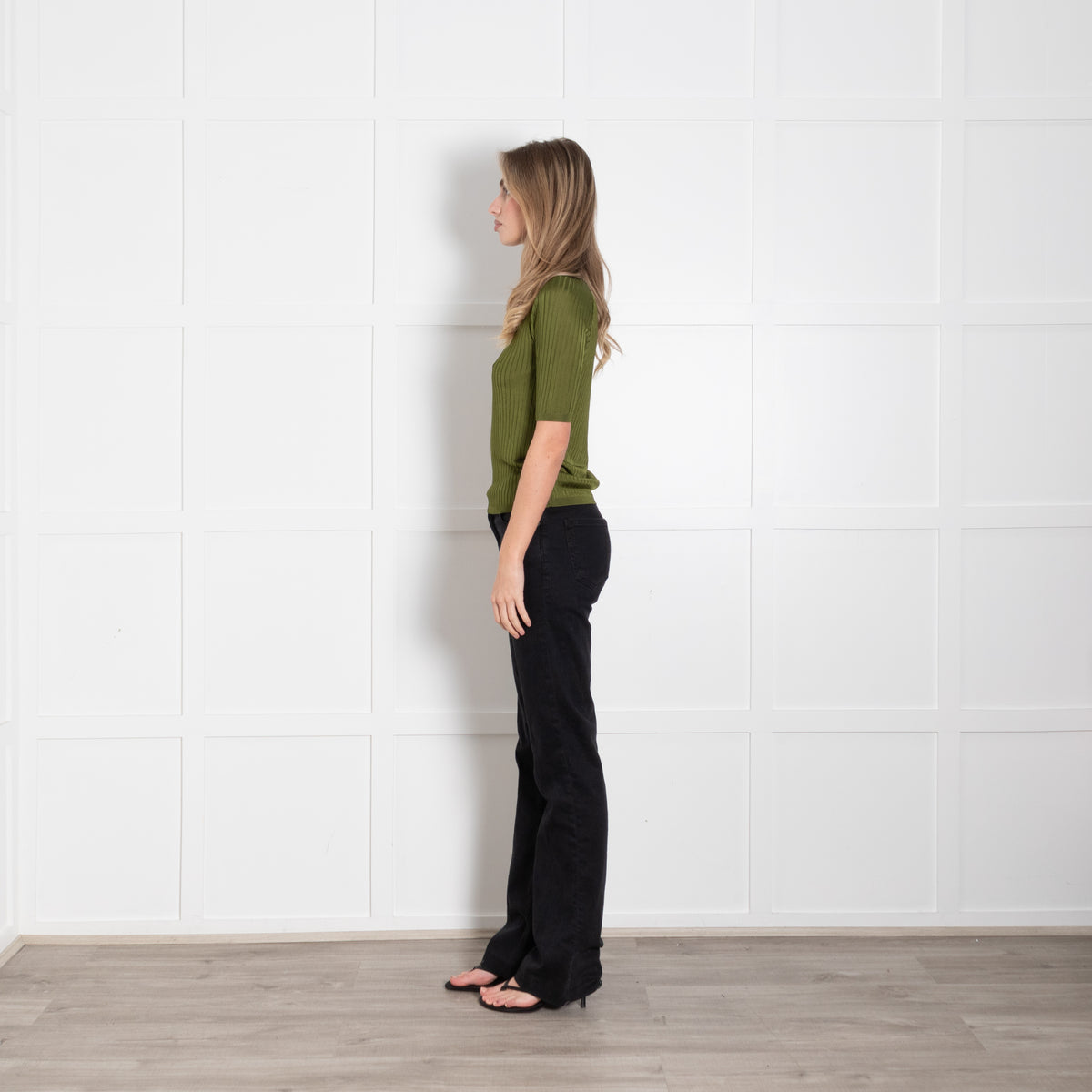 Acne Studios Green Ribbed Knit Short Sleeve Polo Top