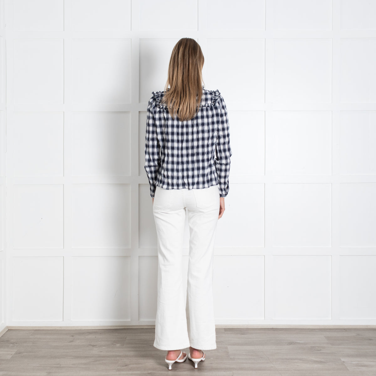 By Iris Navy White Checked Ruffle Trim Blouse