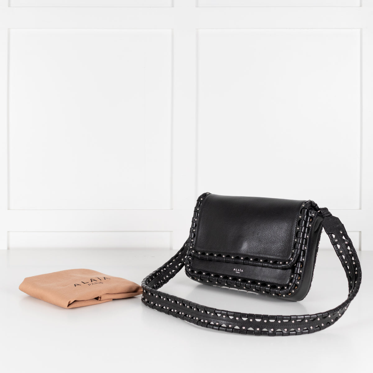 Alaia Black Leather Silver Stud Hinge Flap Crossbody Bag