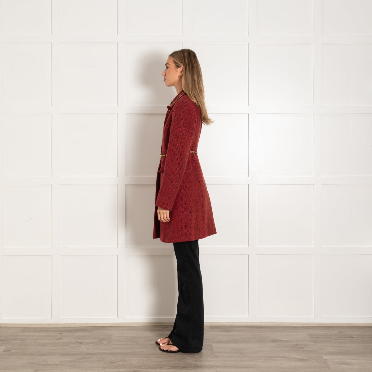 Miu Miu Red Tweed Embellished Collar Belted Coat