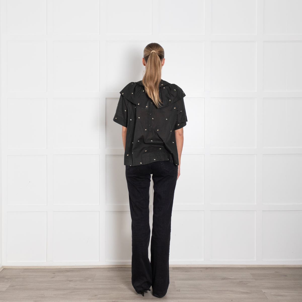 Aiayu Dark Green Embroidered  Frill Trim Cotton Short Sleeve Top