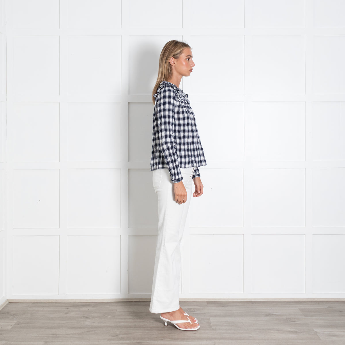 By Iris Navy White Checked Ruffle Trim Blouse