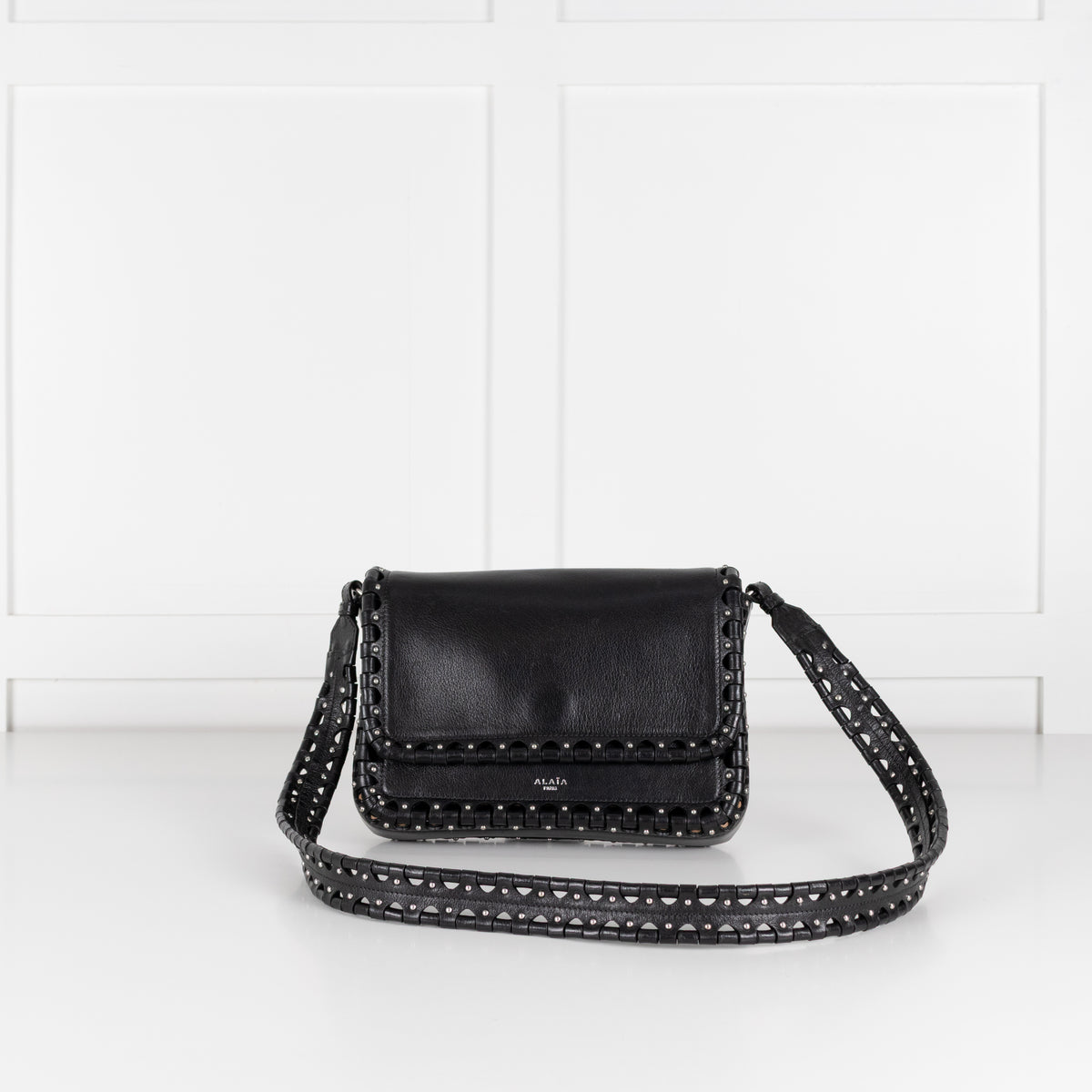 Alaia Black Leather Silver Stud Hinge Flap Crossbody Bag