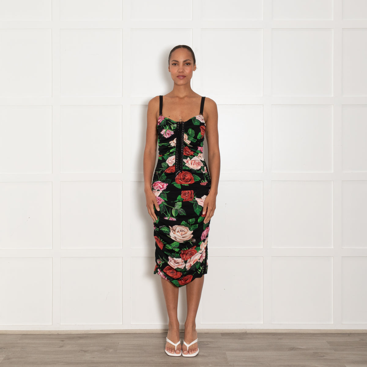 Dolce & Gabbana Black Red Rose Lace Up Sleeveless Dress