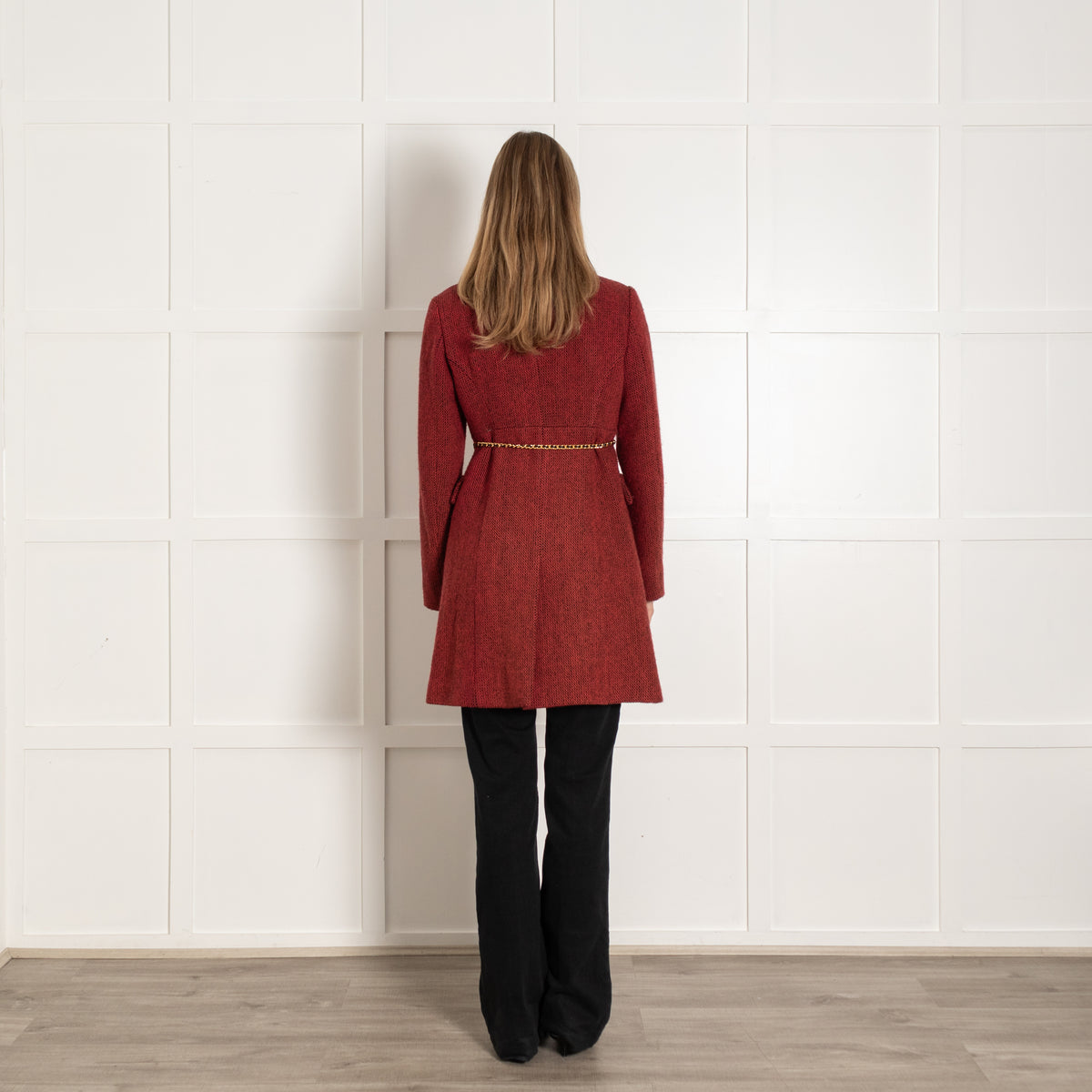 Miu Miu Red Tweed Embellished Collar Belted Coat