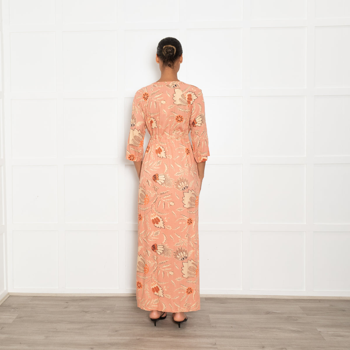 Second Female Pale Orange Patterned  V Neck Dress With Tie Front