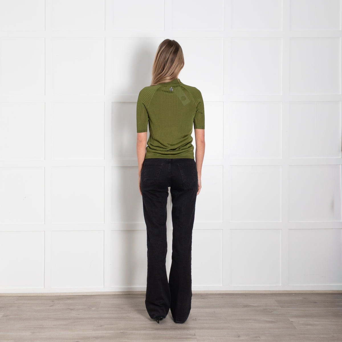 Acne Studios Green Ribbed Knit Short Sleeve Polo Top